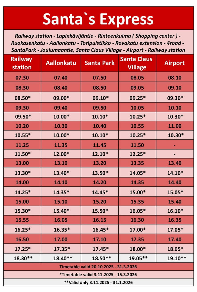 Aikataulu tuotteelle Santa's express one way ticket (children 0-12 years)