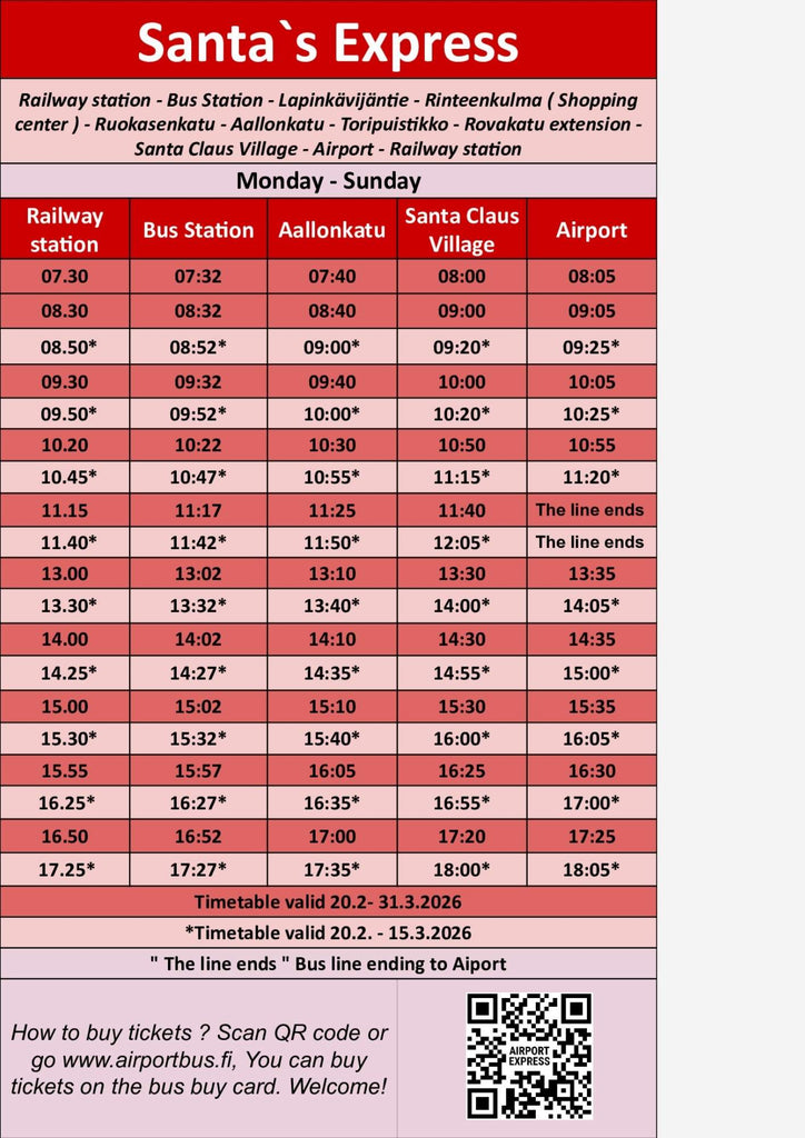 Aikataulu tuotteelle Santa's express one way ticket (children 4-12 years)