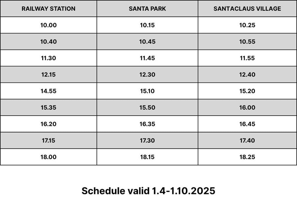 Aikataulu tuotteelle Santa's express two way ticket (adult)